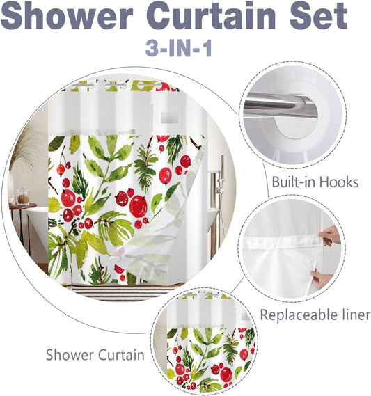 Floral Shower Curtain No Hooks with Snap-in Liner,Botanical Shower Curtains,Watercolor Fabric Holly Berry Shower Curtain Set,with See Through Top Window for Bathroom Decor,71 x 74 Inch