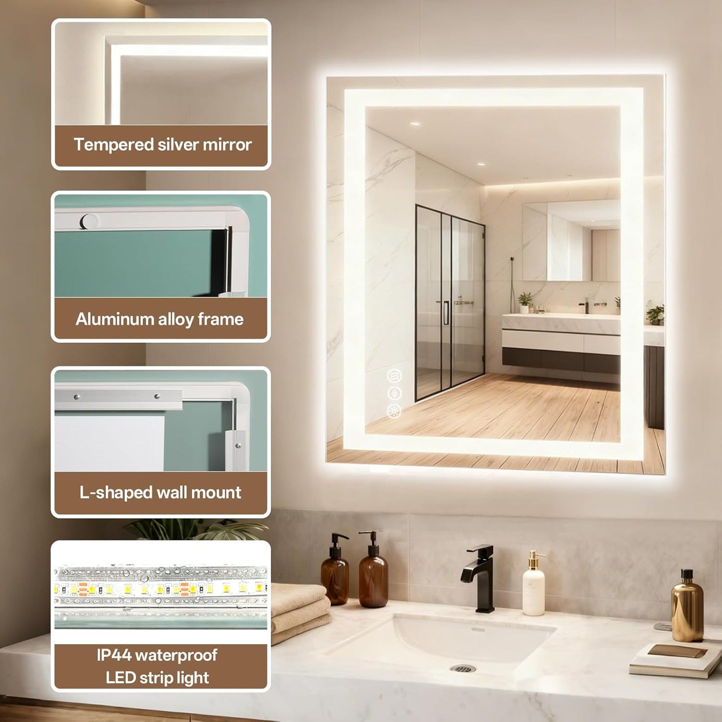 MISSDAY 28x32-inch LED Mirror - 3 Colors - Adjustable Brightness - Defogging - Smart Power-Off - Dual Orientation Mounting - Plug-in or Hardwired - Designed for Bathrooms and Vanity Areas