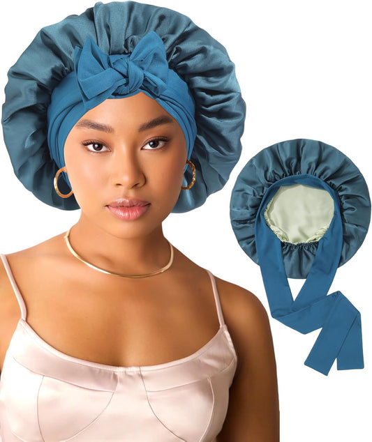 AWAYTR Women Satin Bonnet for Sleeping - Double Layer Silk Hair Bonnet with Elastic Tie Band for Braids Curly Hair