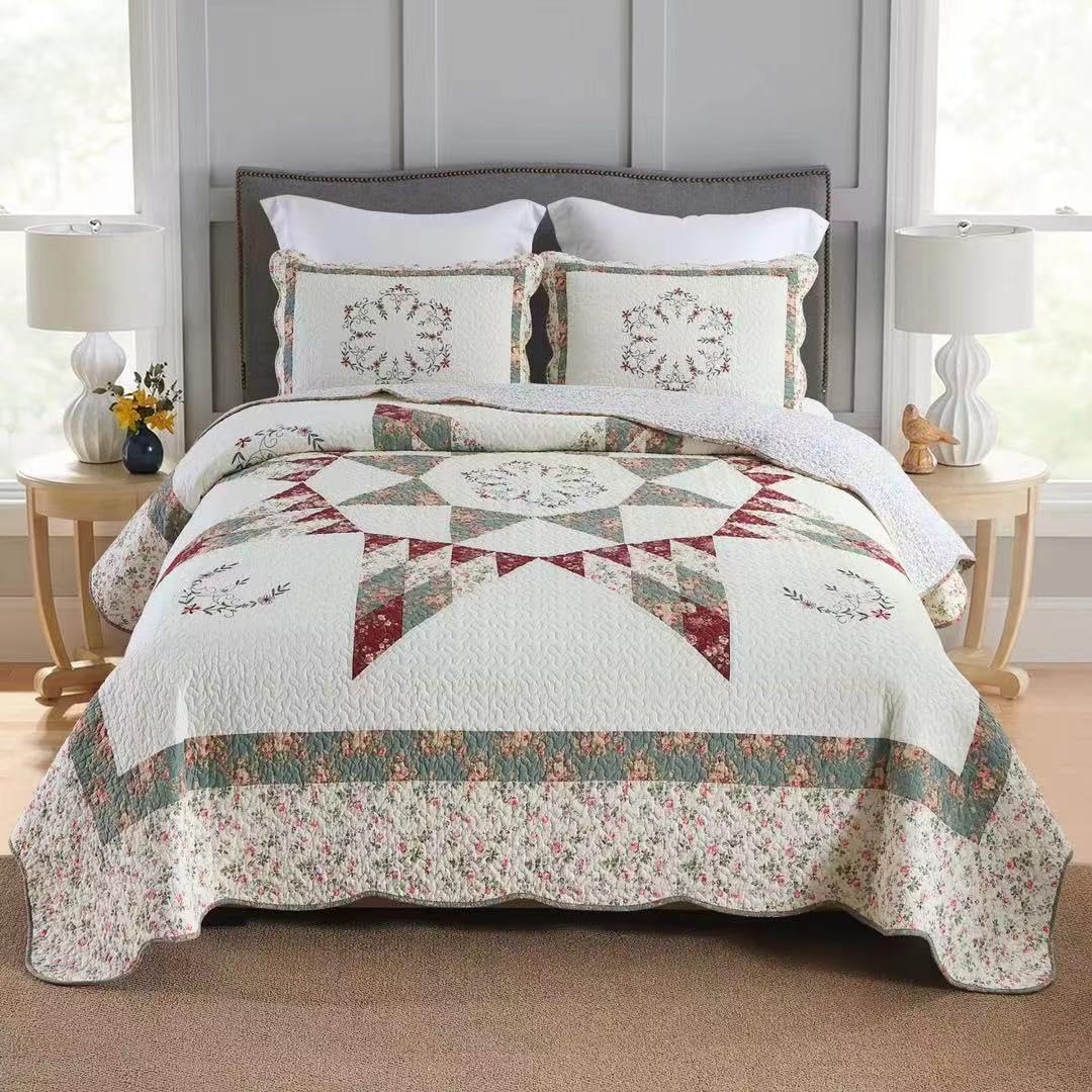 Cotton Bedspread Quilt Bedding Sets, 3 Pieces Reversible Coverlets Comforters Star with Green Floral Real Patchwork Bedspread, Queen Size