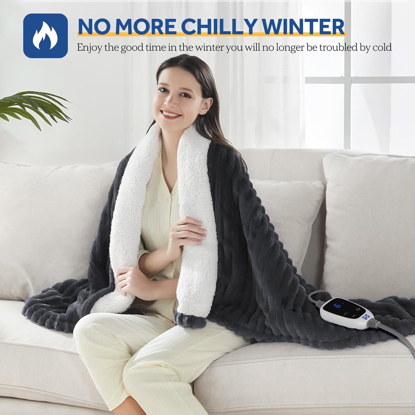 SEALY Electric Blanket Heated Throw, Soft Flannel to Sherpa Reversible Safe Heating with 6 Heat Settings & 2-10 Hours Auto Shut - Off Overheat Protection, Machine Washable, 50" x 60" Charcoal