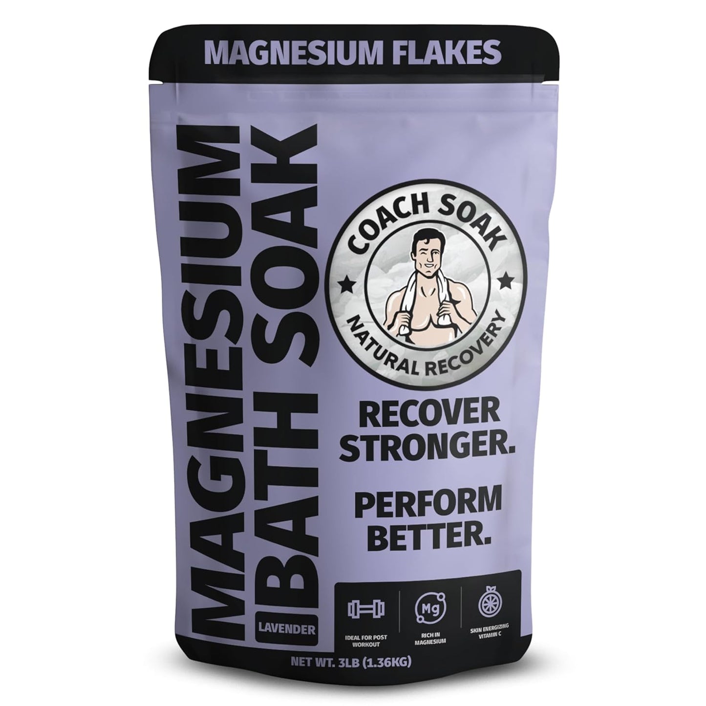 Coach Soak Recovery Bath Soak - Alternative to Epsom Salt Bath Soak - Fast-Absorbing Pure Magnesium Flakes & Dead Sea Salt with 21 Minerals, Bath Salts & Essential Oils - 3 lb, Calming Lavender
