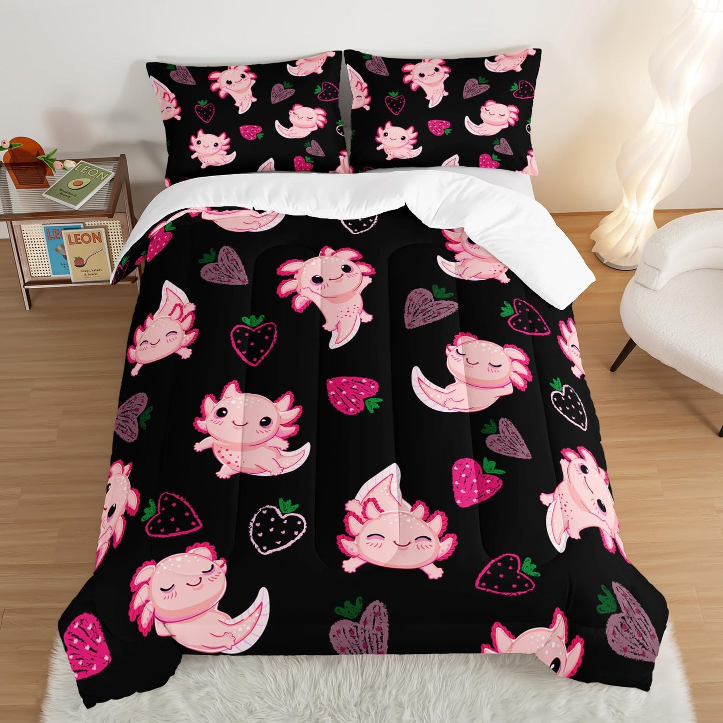 Cute Axolotl Bedding Set King Size,Pink Axolotl Strawberry Printed Comforter Sets Aesthetic Bedding for Kids Girls,Beach Coastal Animal Themed Comforter Sets with 2 Pillowcases.