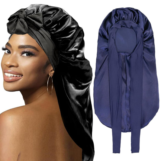 2Pcs Bonnets for Black Women Braid Bonnet, Large Long Satin Bonnet for Braids, Silk Bonnet with Stretchy Tie Band Sleep Cap Hair (2Pcs-Black&Dark Blue)