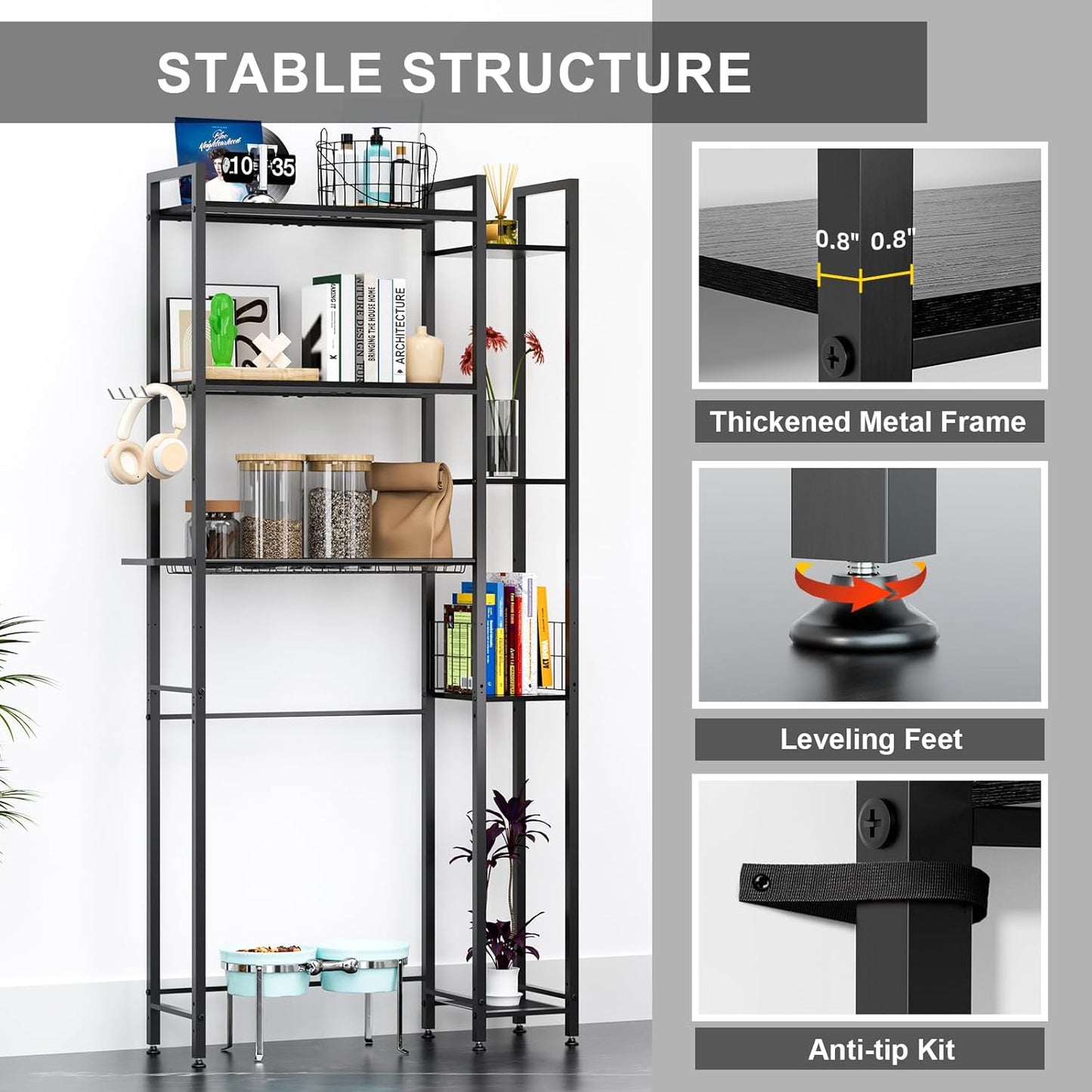 31.5" Wide Over The Toilet Storage, Solid Wood Over Toilet Bathroom Organizer with Paper Holder, Hooks, Side Shelf, 7-Tier Metal Over Toilet Shelves Rack for Laundry, Dorm Room, Balcony, Black