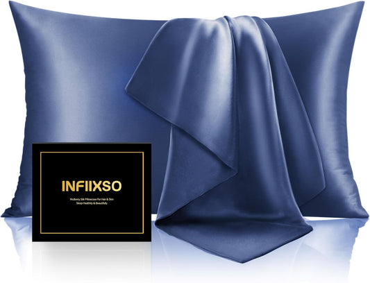 INFIIXSO Mulberry Silk Pillowcase for Hair and Skin, Silk Pillow Cases King Size with Hidden Zipper 20x40 Inches, Extraordinary Smooth and Soft Cooling Pillow Cases for Hot Sleepers(Navy, 1 Pack)
