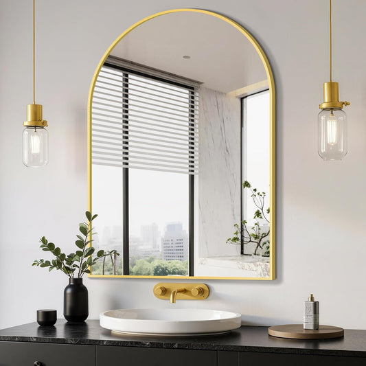 Delma Arched Bathroom Mirror, 26"x38" Wall Mounted Vanity Mirror for Bedroom, Living Room and Entryway, Gold