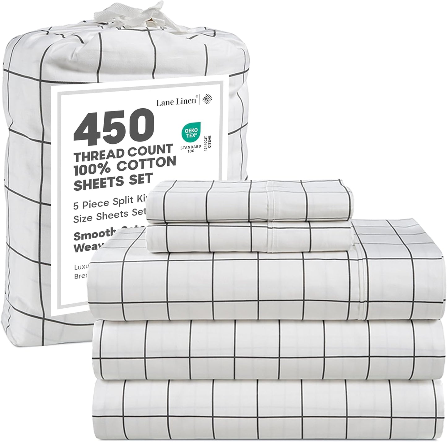 Lane Linen Split King Sheets Sets for Adjustable Bed – 450 Thread Count 100% Cotton Bedsheets, Sateen Sheets, 15” Deep Pocket Fully Elasticized Fitted Sheet, Luxury Sheet & Pillowcase Sets, Windowpane