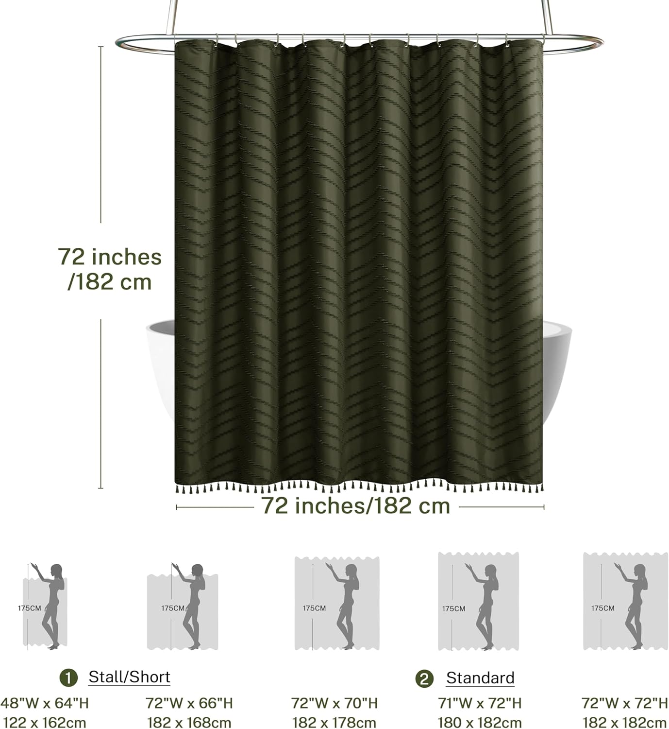 Boho Shower Curtain with Tassel Woven Fabric Olive Green Shower Curtain 72 x 72 Modern Farmhouse Textured Tufted Chevron Striped Minimalist Bathroom Shower Curtains