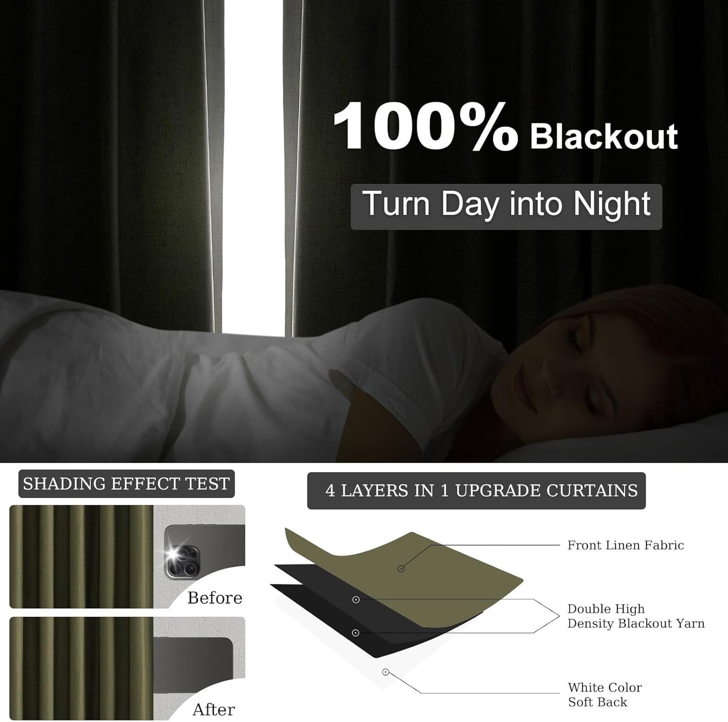 Topfinel Olive Green Linen Blackout Curtains 108 Inches Long for Living Room Large Window, Pinch Pleated Cold Blocking Boho Dark Green Track Curtains for Living Room 2 Panels,9 FT with Hooks Rings