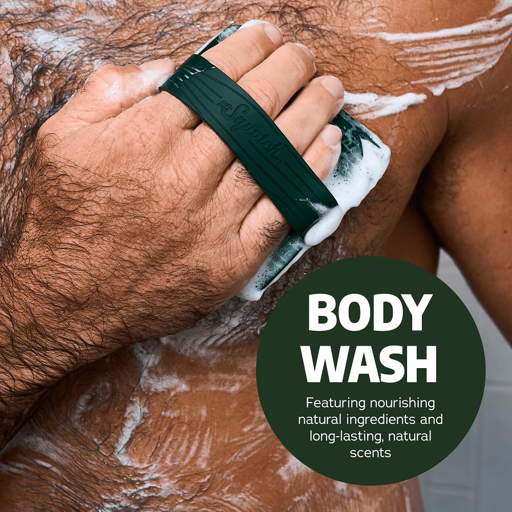 Dr. Squatch NEW Body Wash for Men with Nourishing, Natural Ingredients | No Paraben, Phthalate, Sulfate | Coconut Castaway (14 oz), Wood Barrel Bourbon & Pine Tar (8 oz, 2-Pack) & Body Scrubber