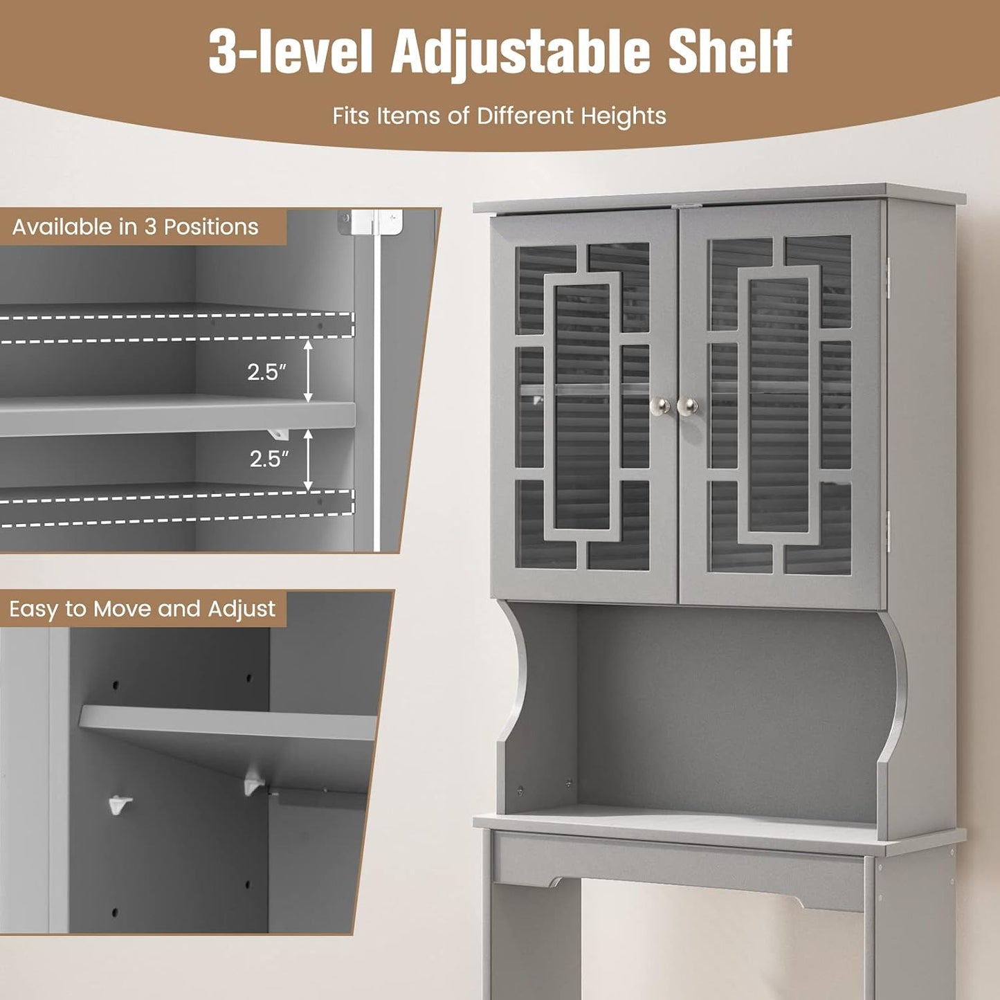 Giantex Over-The-Toilet Storage Space Saver, Bathroom Organizer with Cabinet and Shelf, Above Toilet Standing Rack (Gray)