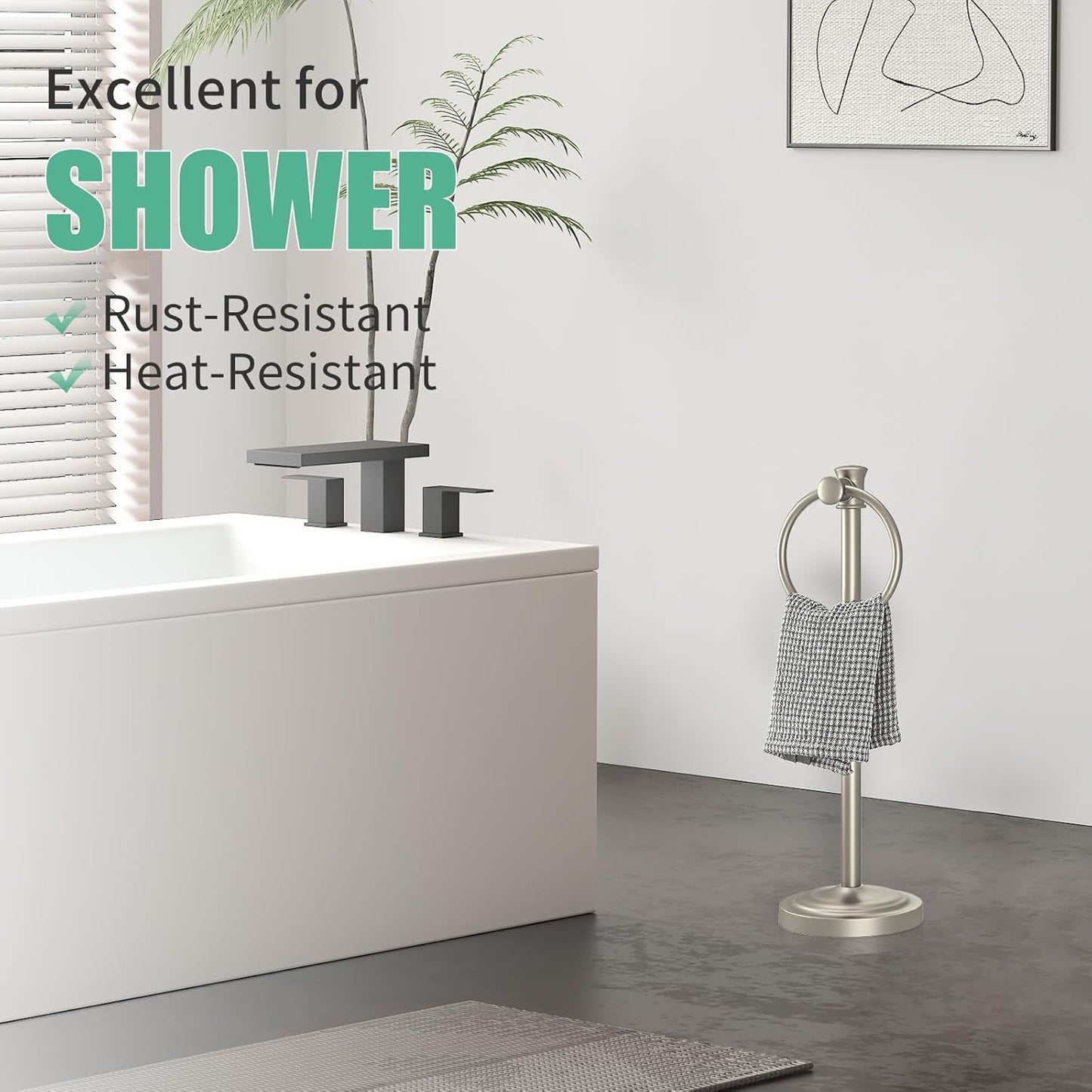 Hoimpro 17 Inch Stand Hand Towel Holder Towel Bar Towel Hanging Ring, Free Standing Floor Hand Towel Rack Storage for Bathroom Kitchen Vanity Countertops, Hardware Accessories(Brushed Nickel)