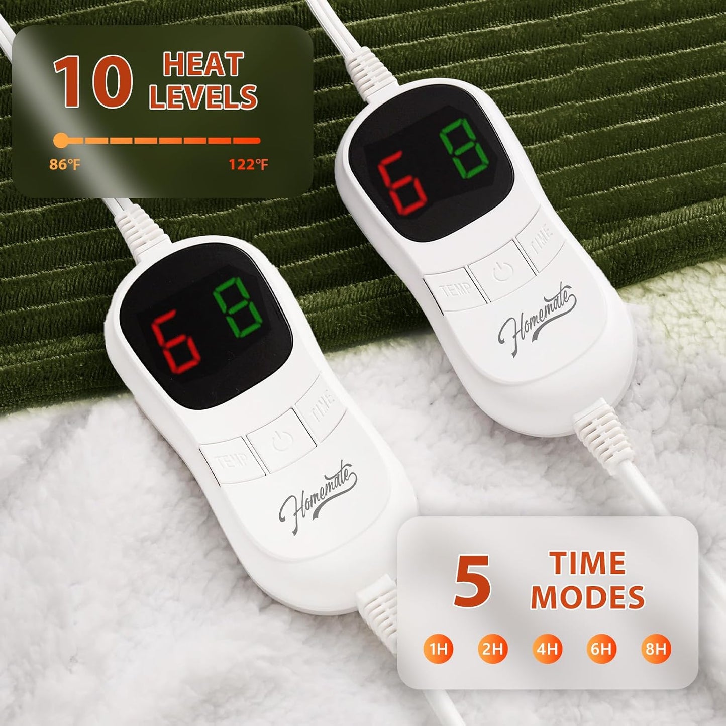 Homemate Electric Heated Blanket Queen Size - 84"x90" Heating Blanket Queen Size Dual Control 1/2/4/6/8 Hours Auto-Off 10 Heat Level Over-Heat Protection Soft Flannel Sherpa ETL Certification