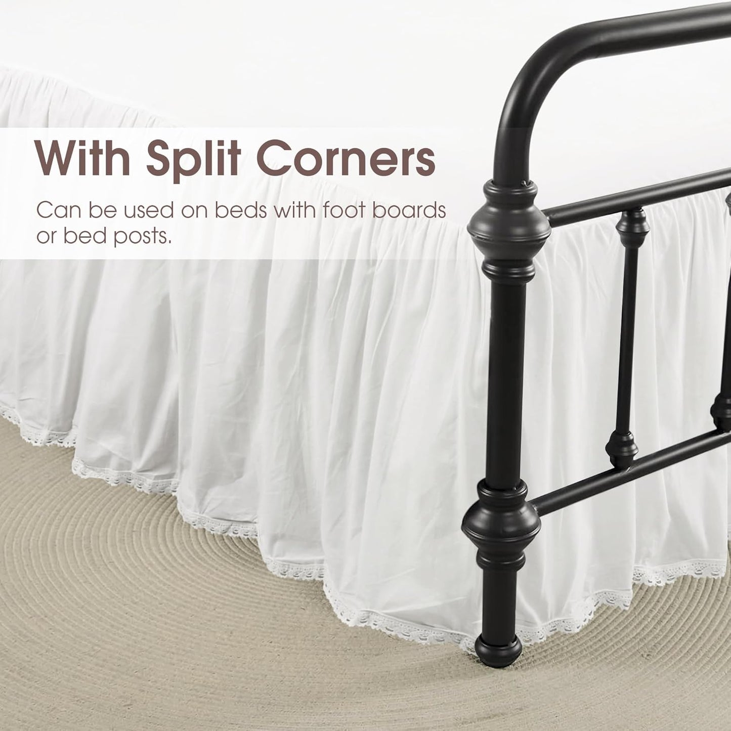 Twin Size 18" Drop - White Lightweight Cotton Bed Skirt with Crochet Edge - Dust Ruffle with Split Corner - Soft, Elegant, Breathable Bedding Accessory