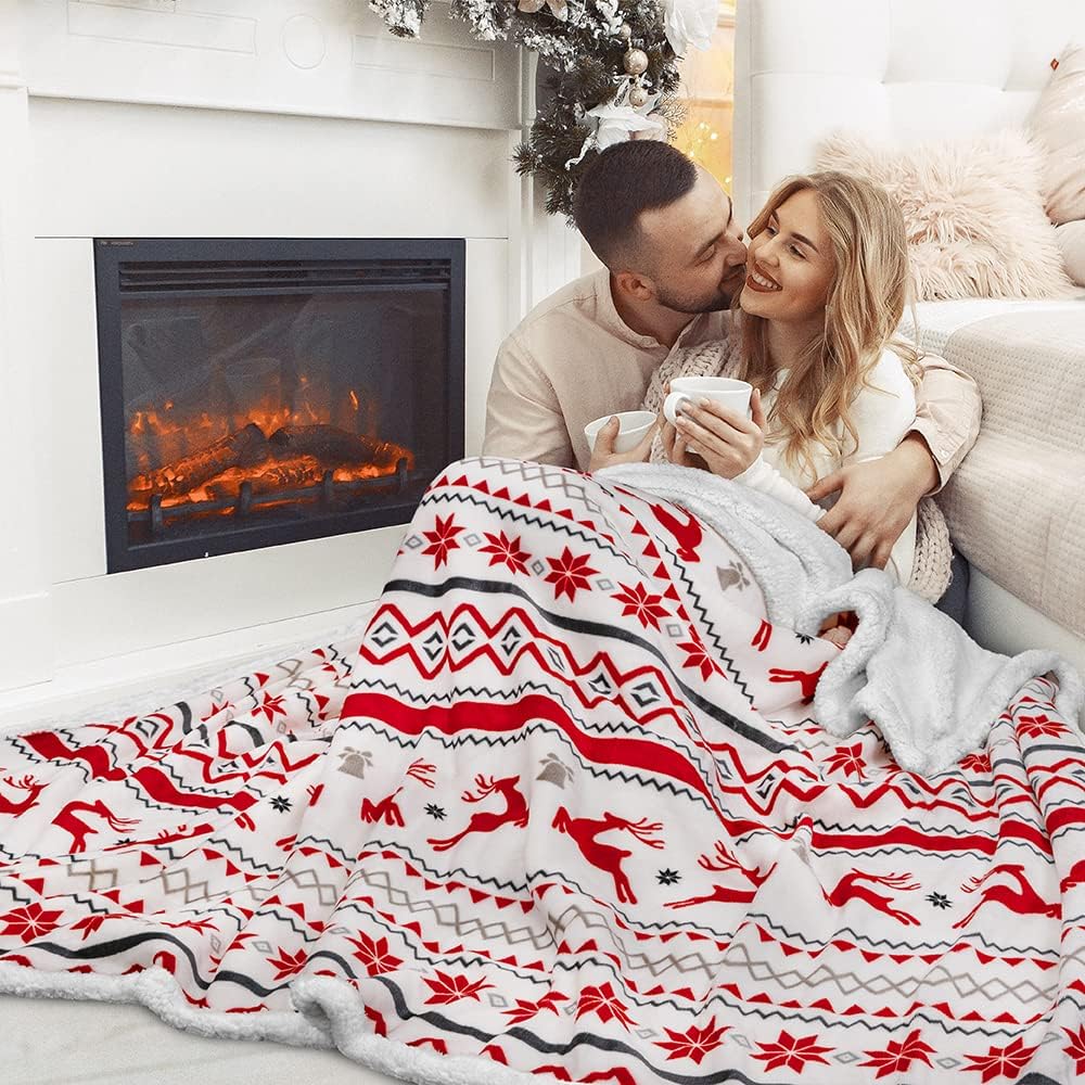 PAVILIA Premium Christmas Sherpa Throw Blanket | Christmas Decoration Gift, Fleece, Plush, Warm, Cozy Reversible Microfiber Holiday Blanket | White Reindeer - 50x60
