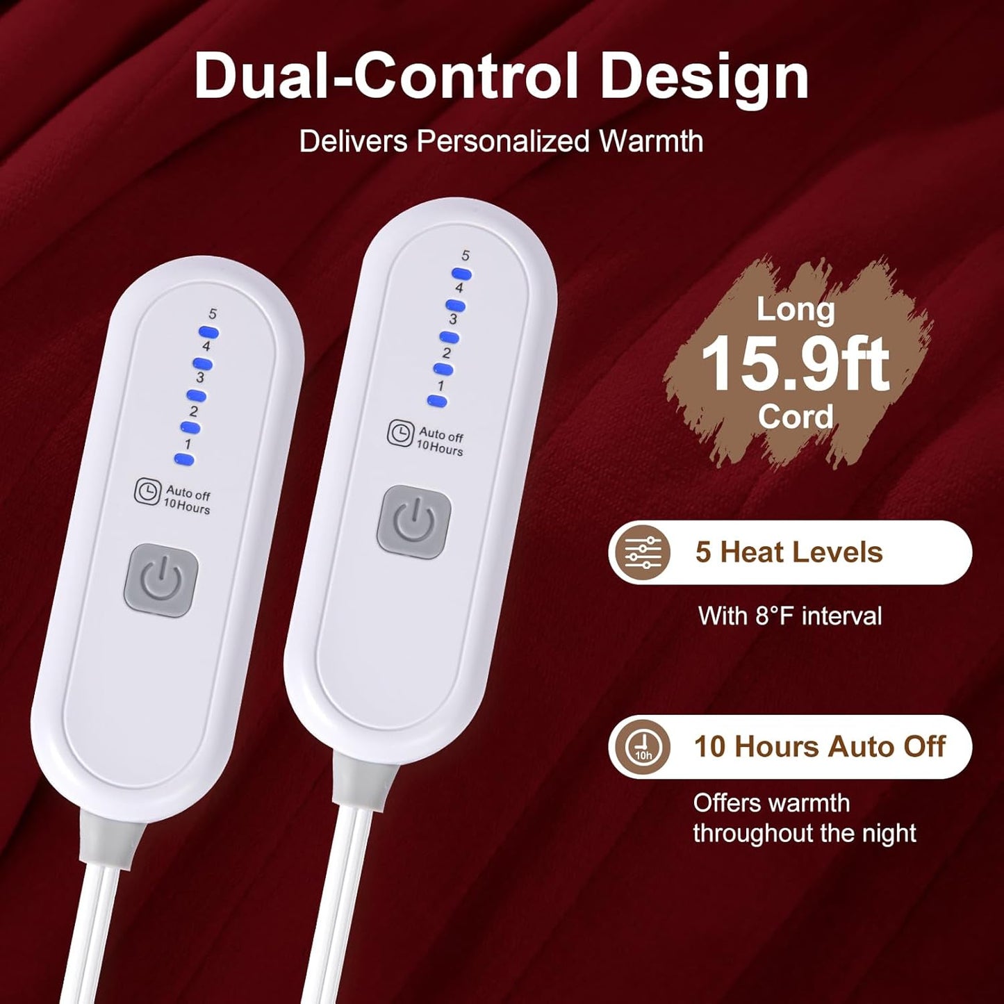 Queen Size Electric Blanket for Bed - 84" x 90" Dual Control Heated Blanket with 10 Hrs Auto Off, 5 Heating Levels, Over-Heat Protection, Washable Flannel Sherpa Heating Blankets, Red