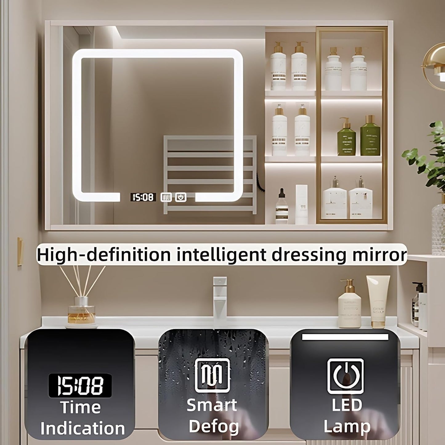 Cream Grey Sophisticated Bathroom Vanity - Bathroom Vanity with Smart Storage & Mirror Cabinet, Defogging, LED Light | Wall-Mounted Bathroom Storage Cabinet & Bathroom Vanity with Sink (Cream, 52IN)
