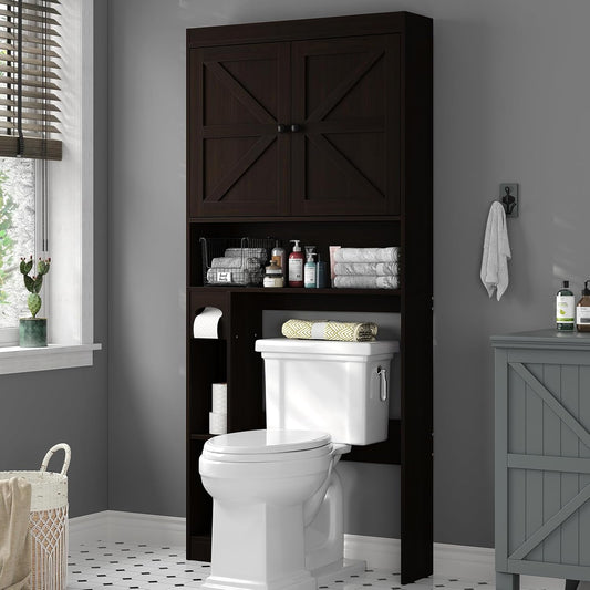 Furniouse Over The Toilet Storage Cabinet Bathroom Organizer with Barn Doors & Adjustable Shelf Rustic Over Toilet Storage Shelf for Bathroom, Espresso
