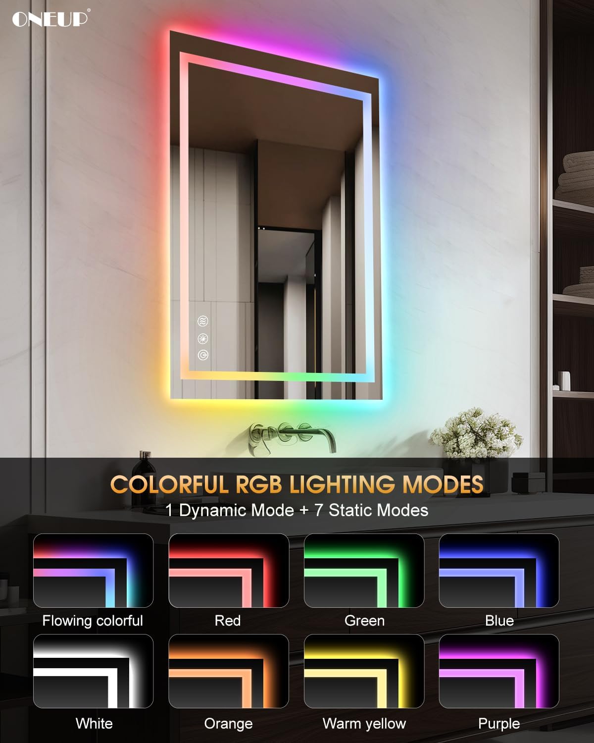 oneup 24x36'' RGB LED Bathroom Mirror with Lights,RGB Color Changing Bathroom Mirror,Lighted Vanity Mirrors for Wall,Dimmable,Anti-Fog,IP54 Waterproof (Horizontal/Vertical)