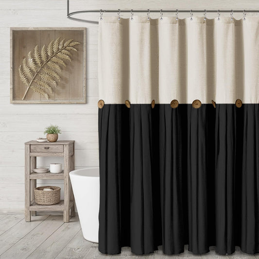 Farmhouse Shower Curtain Linen Bow Woven Fabric Country Rustic Western, Cream & Black 72" W x 72" L