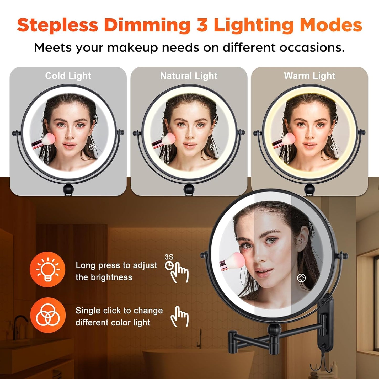 Wall Mounted Lighted Makeup Mirror, 8'' Double Sided 1X/10X Magnifying Rechargeable Vanity Mirror with Lights, 3 Color Lights Height Adjustable 360° Rotation Bathroom Mirror with Hook