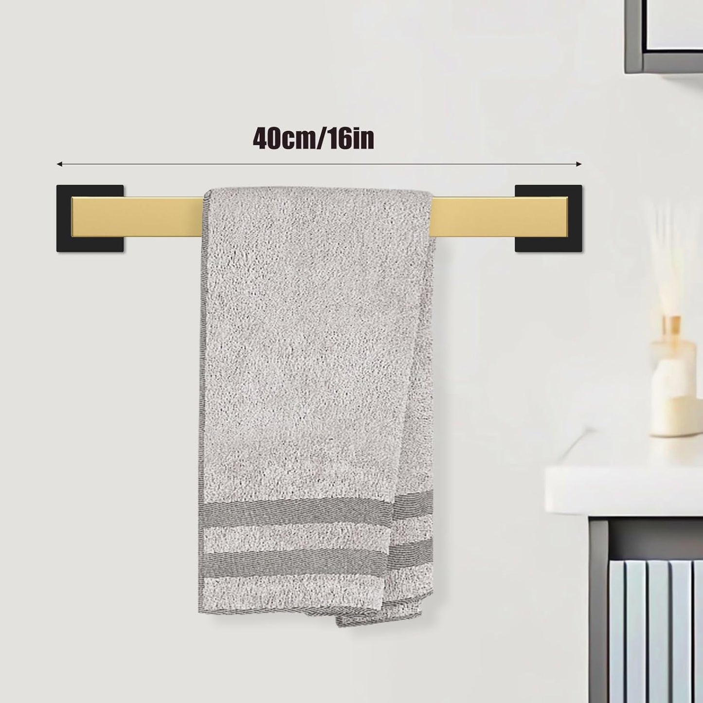 5 Piece Black and Gold Towel Bar Set - Gold and Black Bathroom Accessories with 2 Towel Hook, Stainless Steel Wall Mounted Bathroom Towel Rack Set - Square 16-Inch