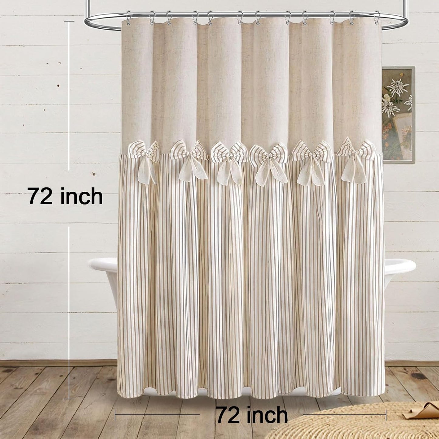 Farmhouse Shower Curtain Linen Beige Bow Woven Fabric Country Rustic Western, Pleated Beige Stripe 72" W x 72" L