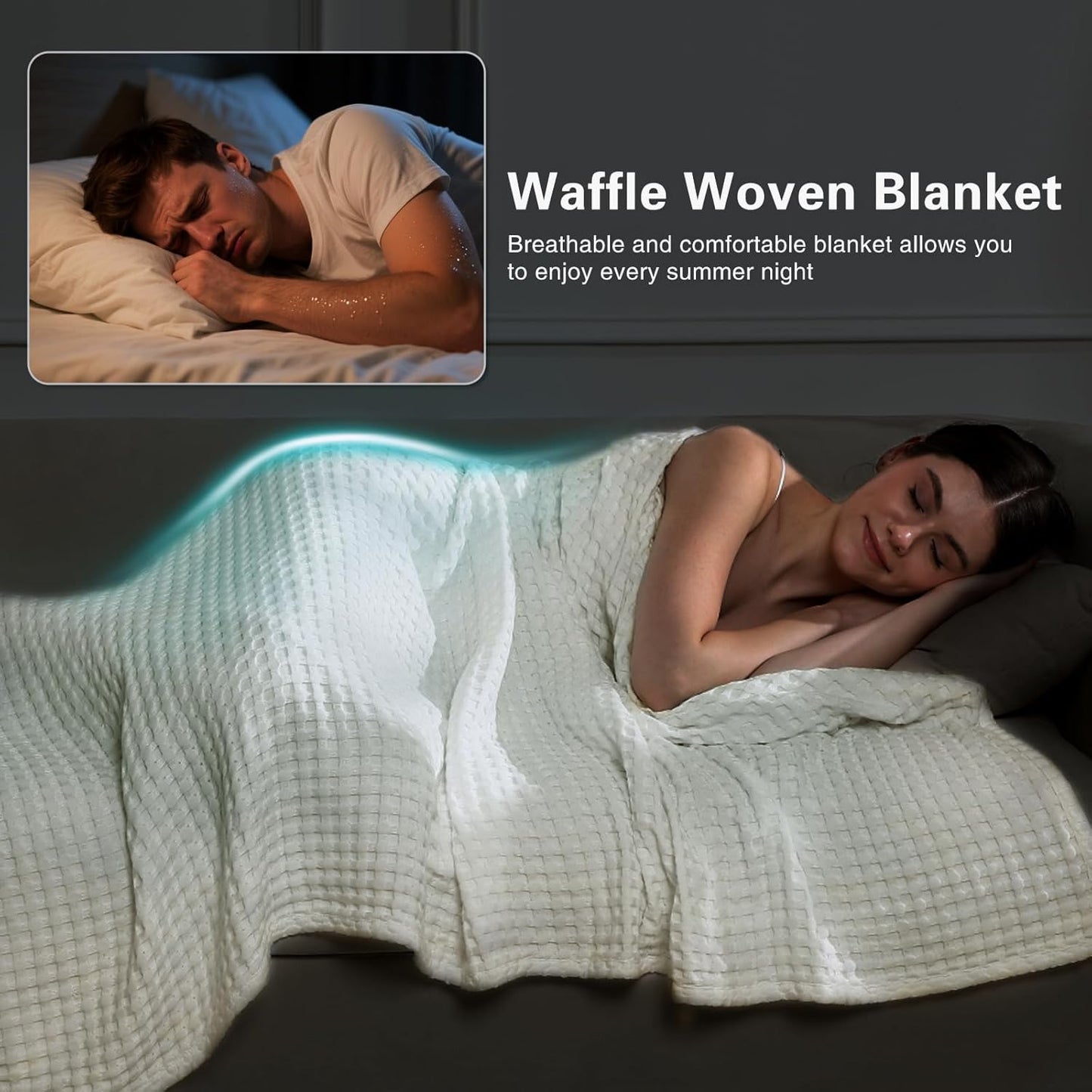 Aganear Waffle Blanket - Lightweight Breathable Summer Blanket of 50% Cotton and 50% Rayon Derived from Bamboo for Hot Sleepers Luxury Throws for Bed, Couch and Sofa,White,90x90 Inches