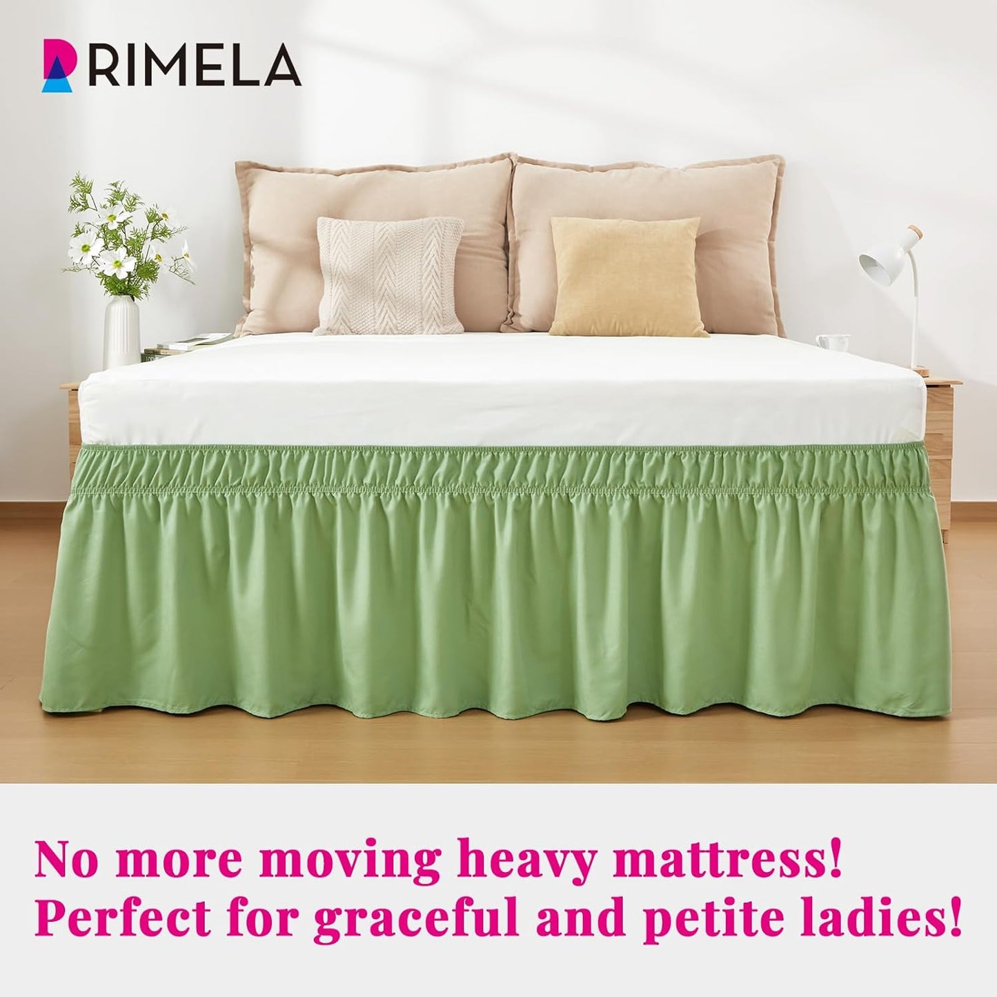 RIMELA Light Green Bed Skirt Full Size 15 Inch Drop, Elastic Bed Skirting for Adjustable Bed Base and Frame, Bedding Dust Ruffle Easy to Install, Hotel Quality Wrap Around Bedskirt
