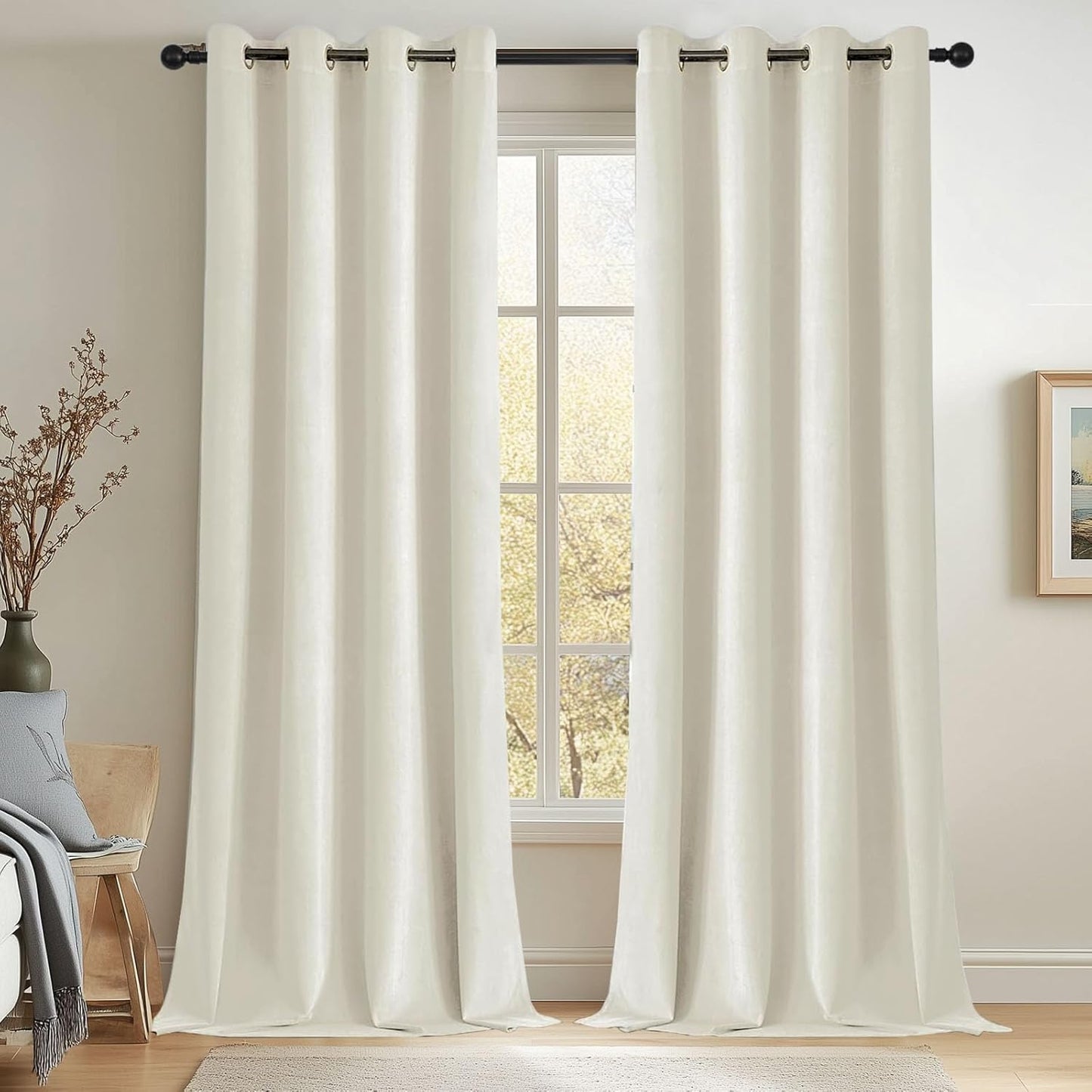 Joydeco Mousse White Blackout Curtains 96 Inch Long, Luxury Thermal White Velvet Curtains for Bedroom & Living Room, Room Darkening Velvet Drapes 2 Panels, Grommet Top (52W x 96L)