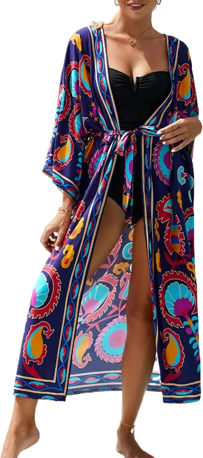 Women Casual Open Front Lightweight Cardigan Long Beach Kimono Cover Up