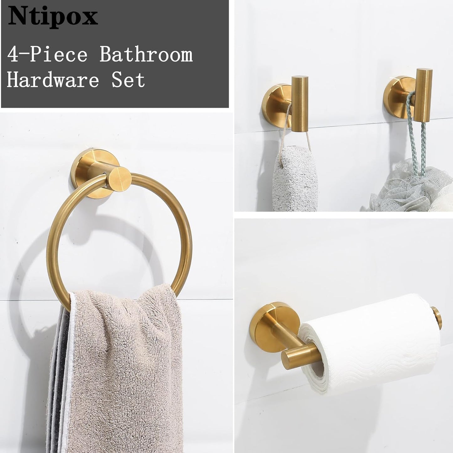4 Piece Brushed Gold Stainless Steel Bathroom Hardware Set Include Hand Towel Ring, Toilet Paper Holder,and 2 Robe Towel Hooks,Bathroom Accessories Kit