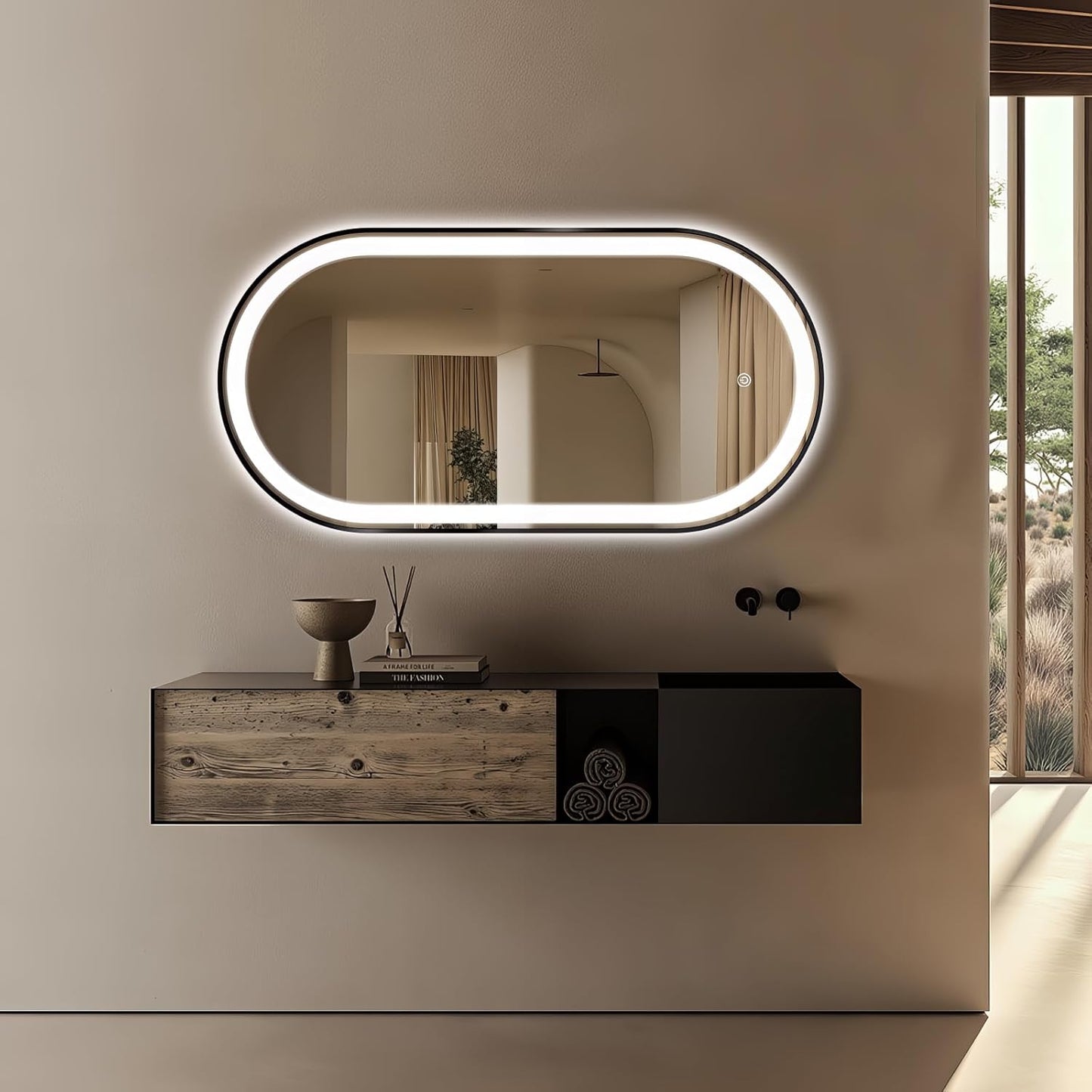 51" x 27" Oval LED Bathroom Mirror with Lights, Black Metal Framed Anti-Fog LED Vanity Mirror, Lighted Bathroom Mirrors Wall Mounted, Stepless Dimmable, Shatter-Proof, Horizontal/Vertical