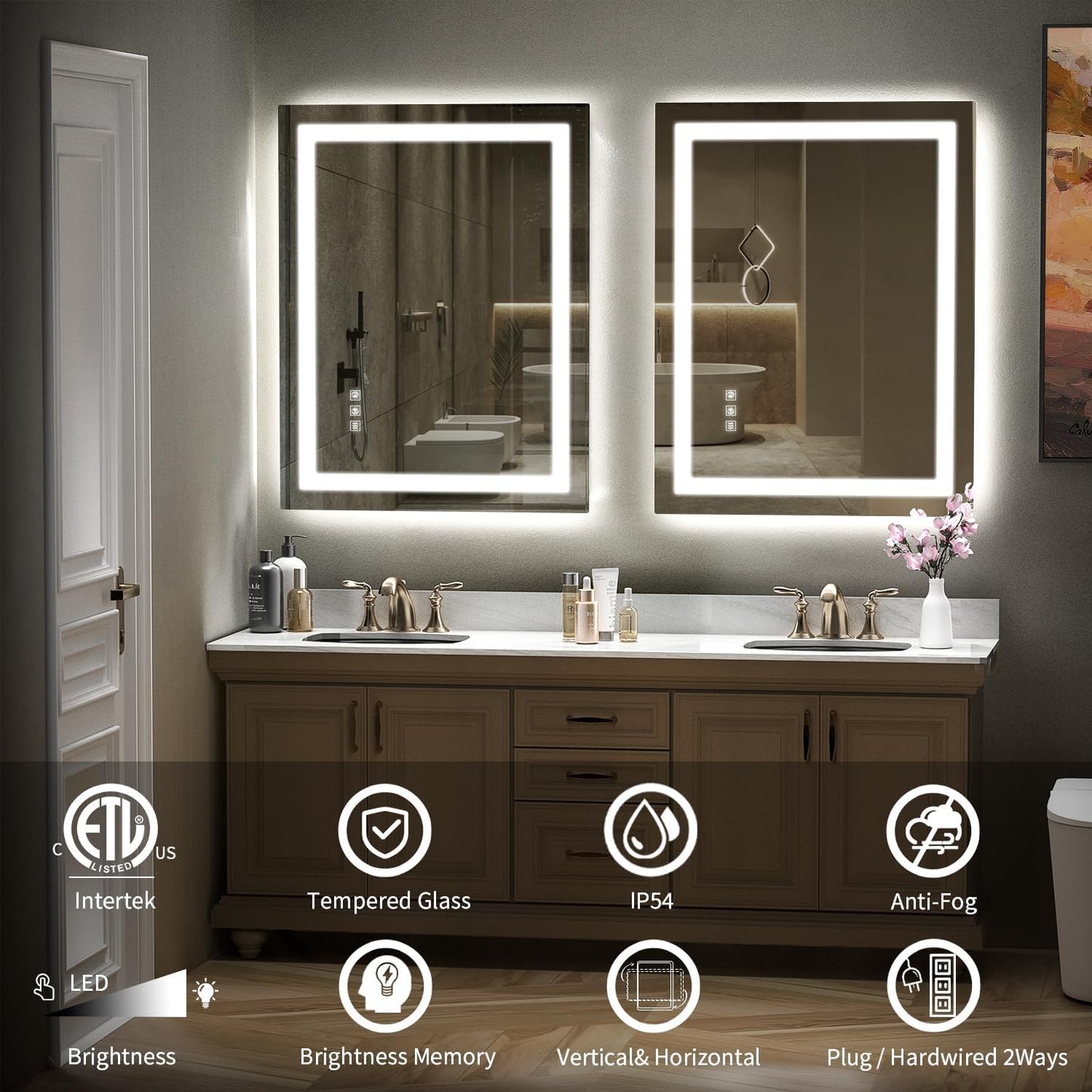 LED Mirror for Bathroom, 28x36 Inch Backlit + Front Lighted Bathroom Vanity Mirror with Lights for Wall, Double Light Strips, 3 Colors, Shatter-Proof, Anti-Fog and Brightness Memory