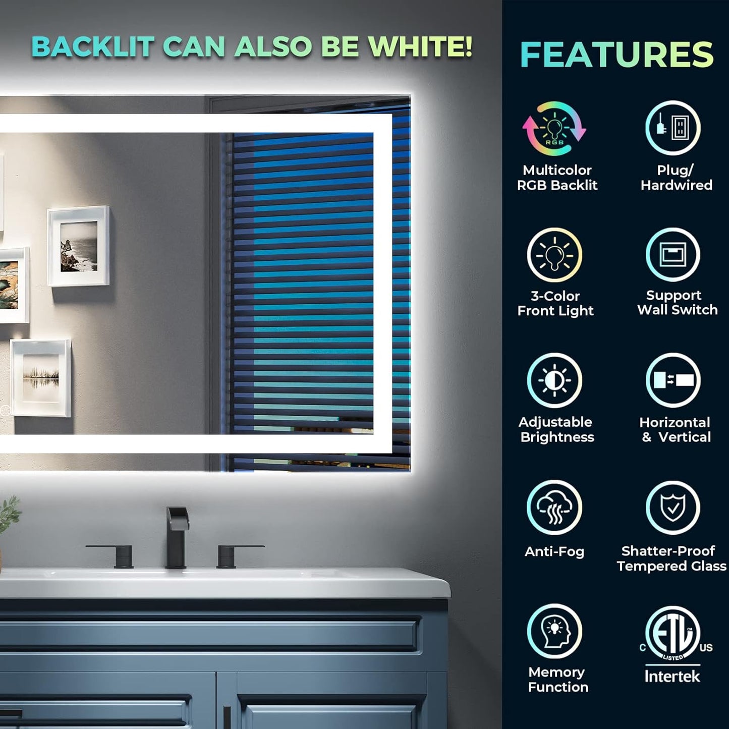 36x28 Inch RGB LED Bathroom Mirror Front Light and RGB Backlit Lighted Vanity Mirror for Bathroom Wall Mounted Dimmable Anti Fog Memory Shatter-Proof IP54 Waterproof Horizontal/Vertical