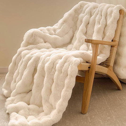 Faux Rabbit Fur Throw Blanket, Luxury Soft Warm Bubble Blanket for Bed, Couch, Sofa, Beige, 50" X 60"