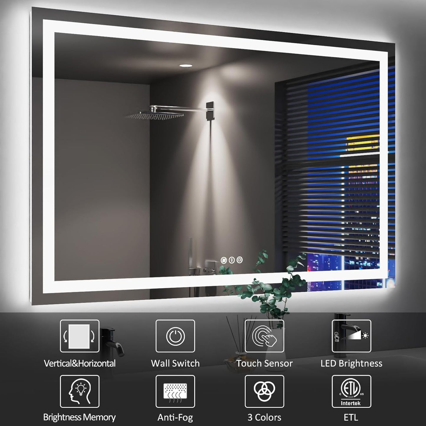 Amorho 50" X32" LED Bathroom Mirror, Front and Backlight Stepless Dimmable, Wall Mirrors with Defogger, Shatter-Proof, Memory, 3 Colors Lighting, Double LED Vanity Mirror(Horizontal/Vertical)