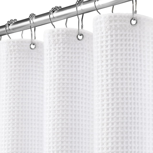 Extra Long Waffle Shower Curtain - White Cotton Texture Fabric Heavyweight Shower Curtain for Bathroom,72Wx90L