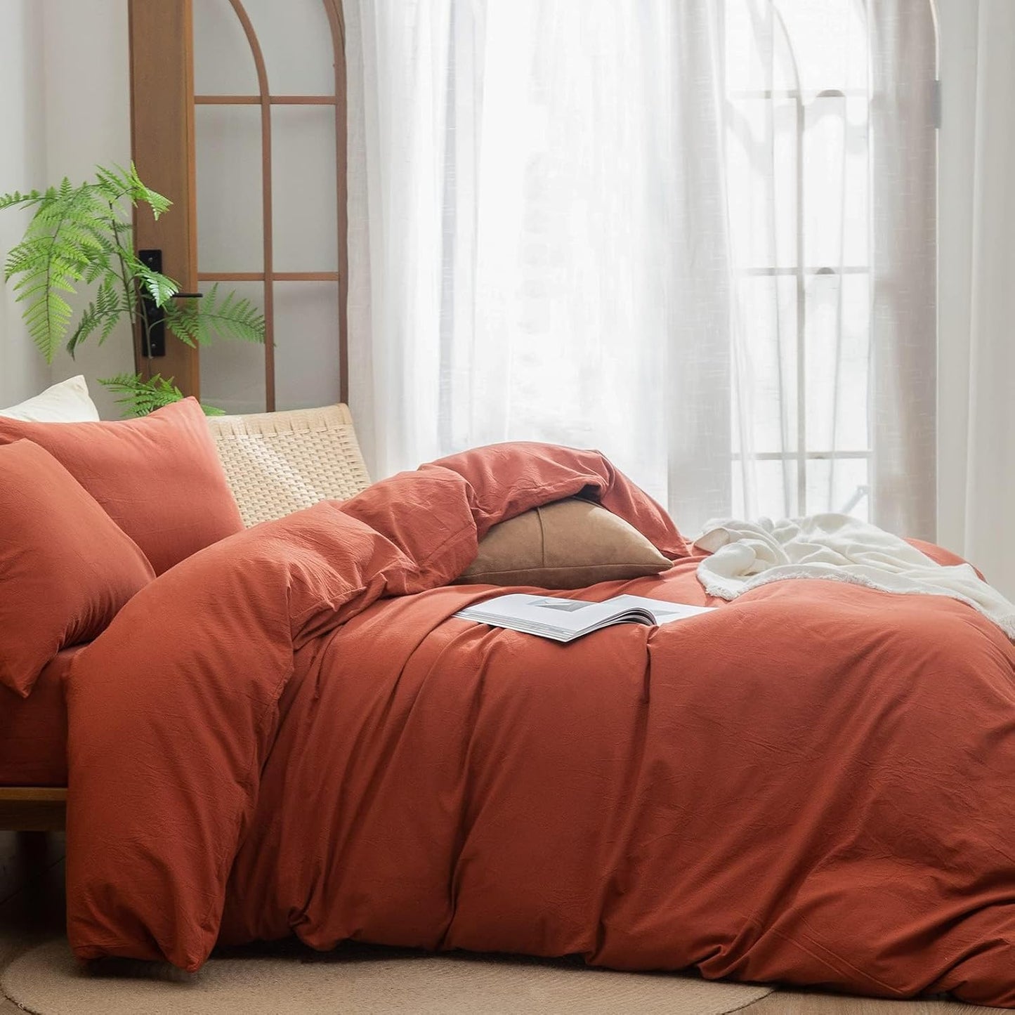 BESTOUCH Duvet Cover Set 100% Washed Cotton Linen Feel Super Soft Comfortable Chic Lightweight 3 PCs Home Bedding Set Solid Burnt Brick Red Oversized Full