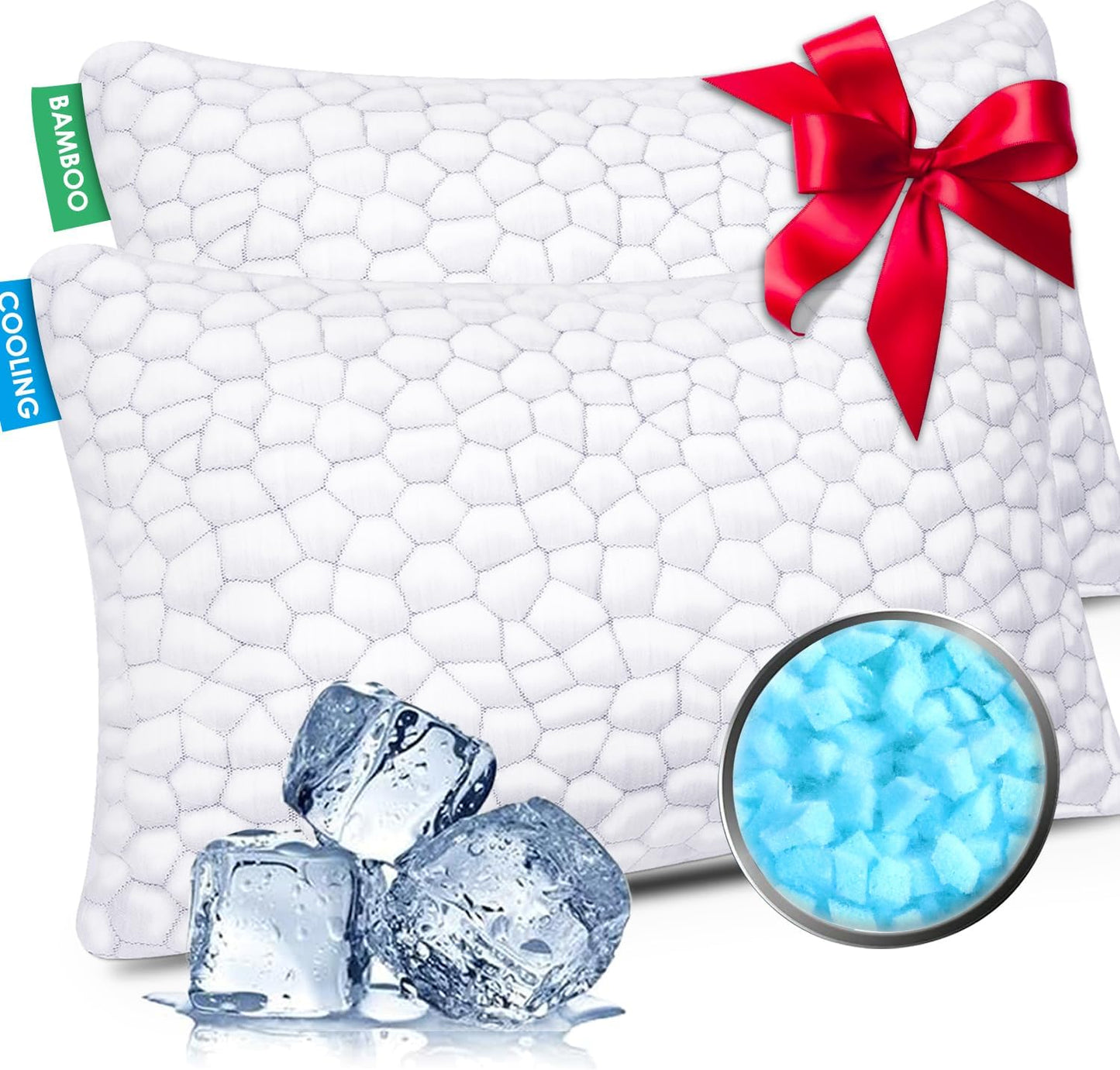Cooling Pillows King Size Set of 2 Pack Shredded Memory Foam Pillows for Sleeping, Adjustable Cool Bed Pillow for Side Back Stomach Sleepers, Luxury Gel Neck Pillow for Neck and Shoulder Pain Relief