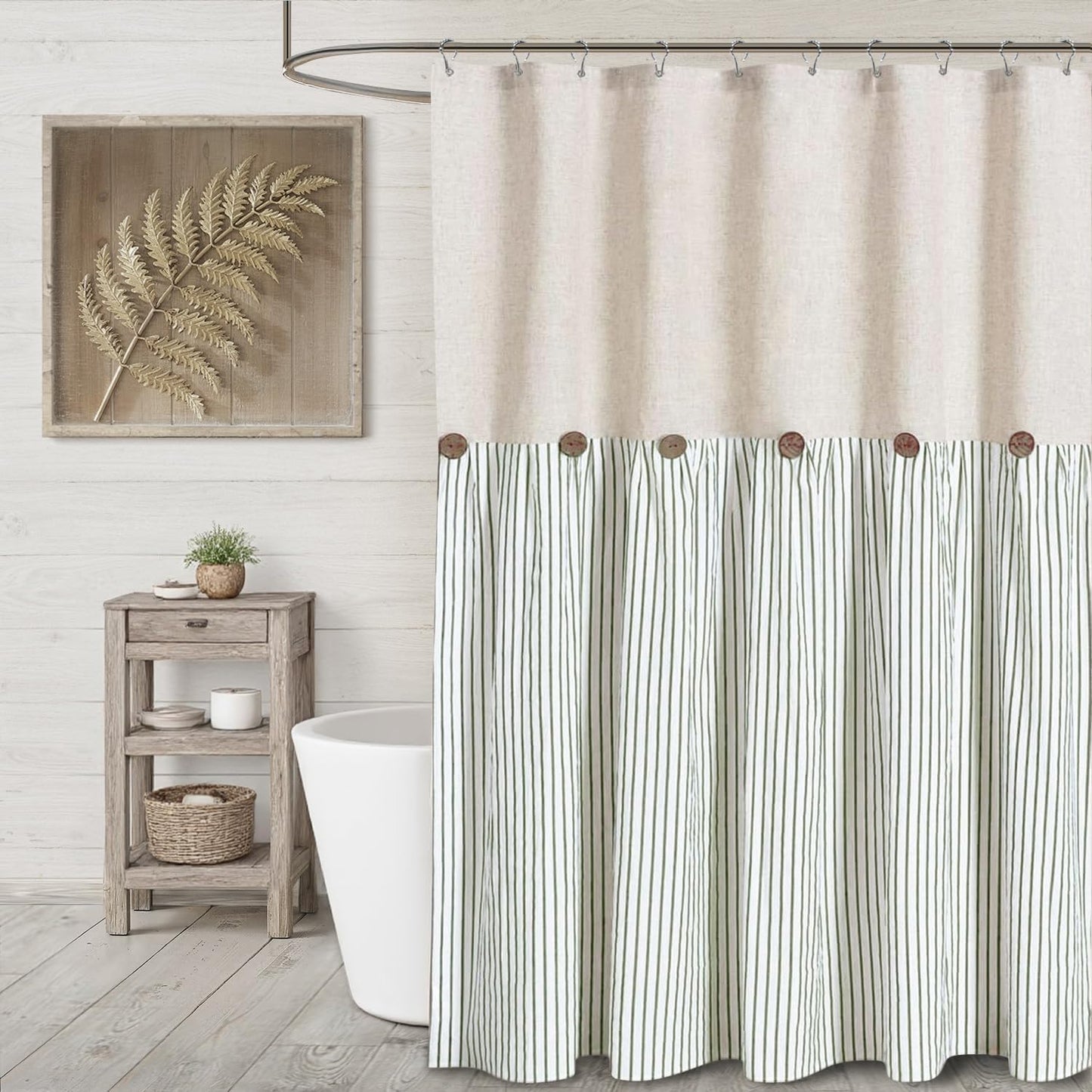 Farmhouse Shower Curtain Linen Button Woven Fabric Country Rustic Western, Pleated Green Stripe 72" W x 72" L