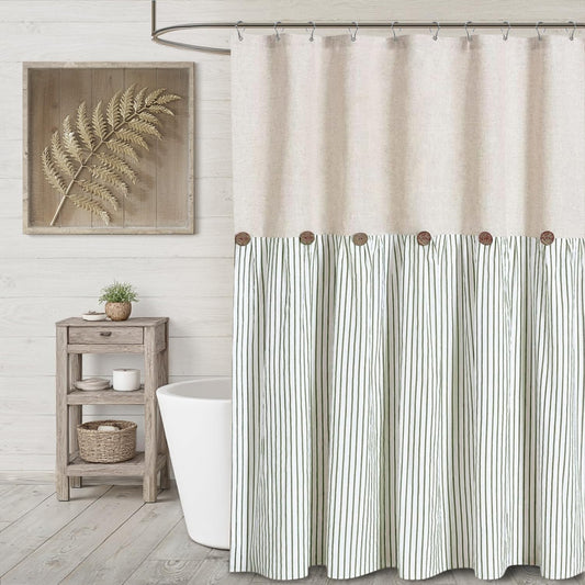 Farmhouse Shower Curtain Linen Button Woven Fabric Country Rustic Western, Pleated Green Stripe 72" W x 72" L
