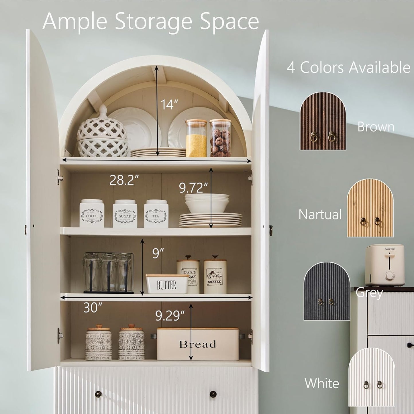 71" Tall Arched Bathroom Storage Cabinet, Modern Fluted Cabinet Storage with 4 Shlves and 2 Drawers, Floor Cabinet for Bathroom, Living Room, Kitchen, White