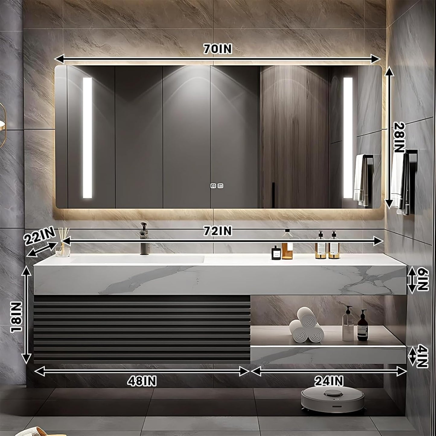 Bathroom Vanity 72 inch, Single Sink Floating Vanity Set Includes Anti-Fog LED Mirror Cabinet, Slate Countertop and Wall-Mount Sink Cabinet, Modern Bathroom Vanities(Greyish Black)