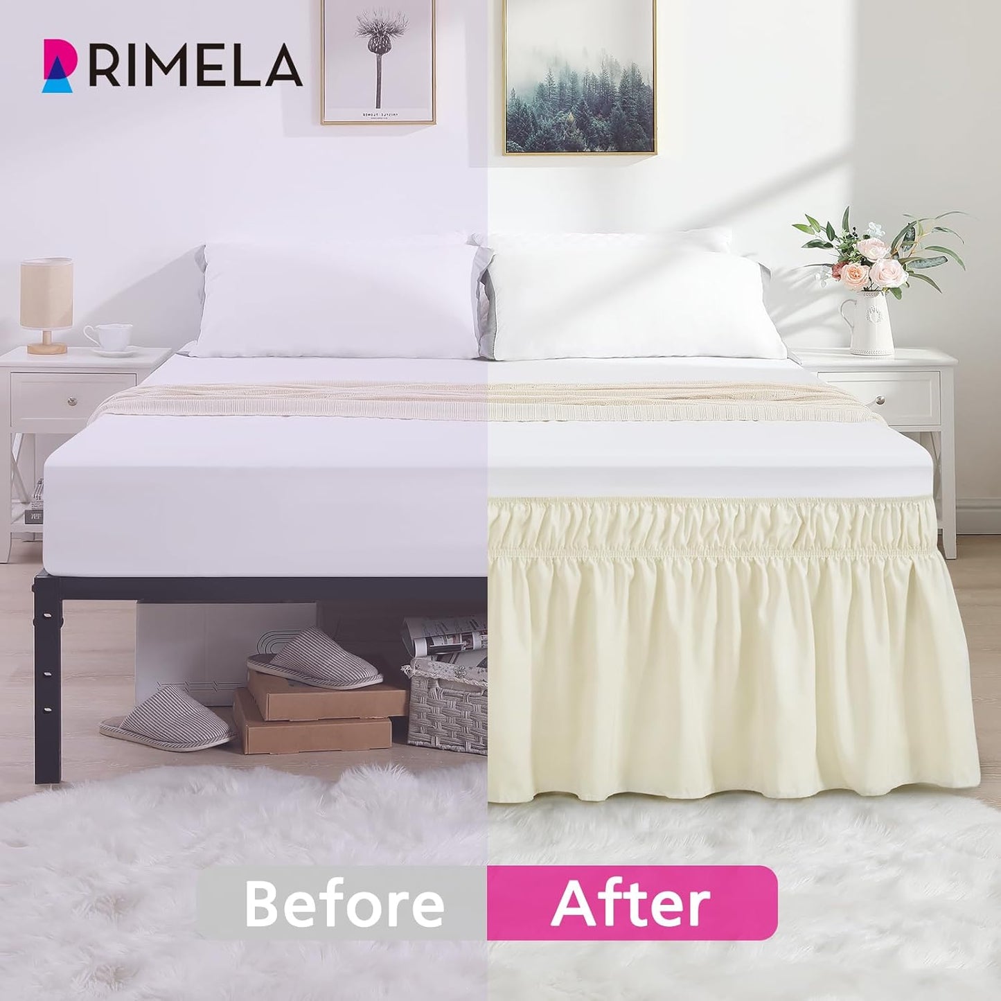 RIMELA Off White Bed Skirt Queen Size 18 Inch Drop, Elastic Bed Skirting for Bed Base and Frame, Bedding Dust Ruffle Easy to Install, Lightweight Wrap Around Adjustable Bedskirt