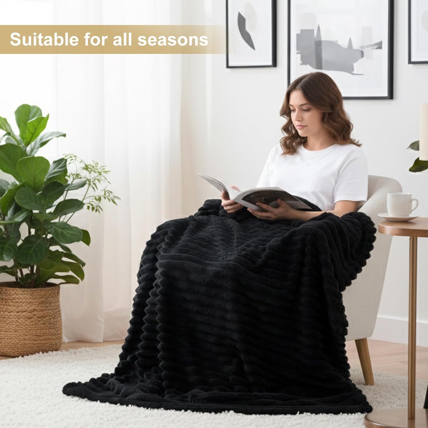 decorUhome Christmas Soft Fleece Black Throw Blanket for Couch, Cozy Fluffy Plush Flannel Striped Blanket for Sofa Bed, Lightweight Decorative Ribbed Fuzzy Blanket for Woman, 50x60 Inches