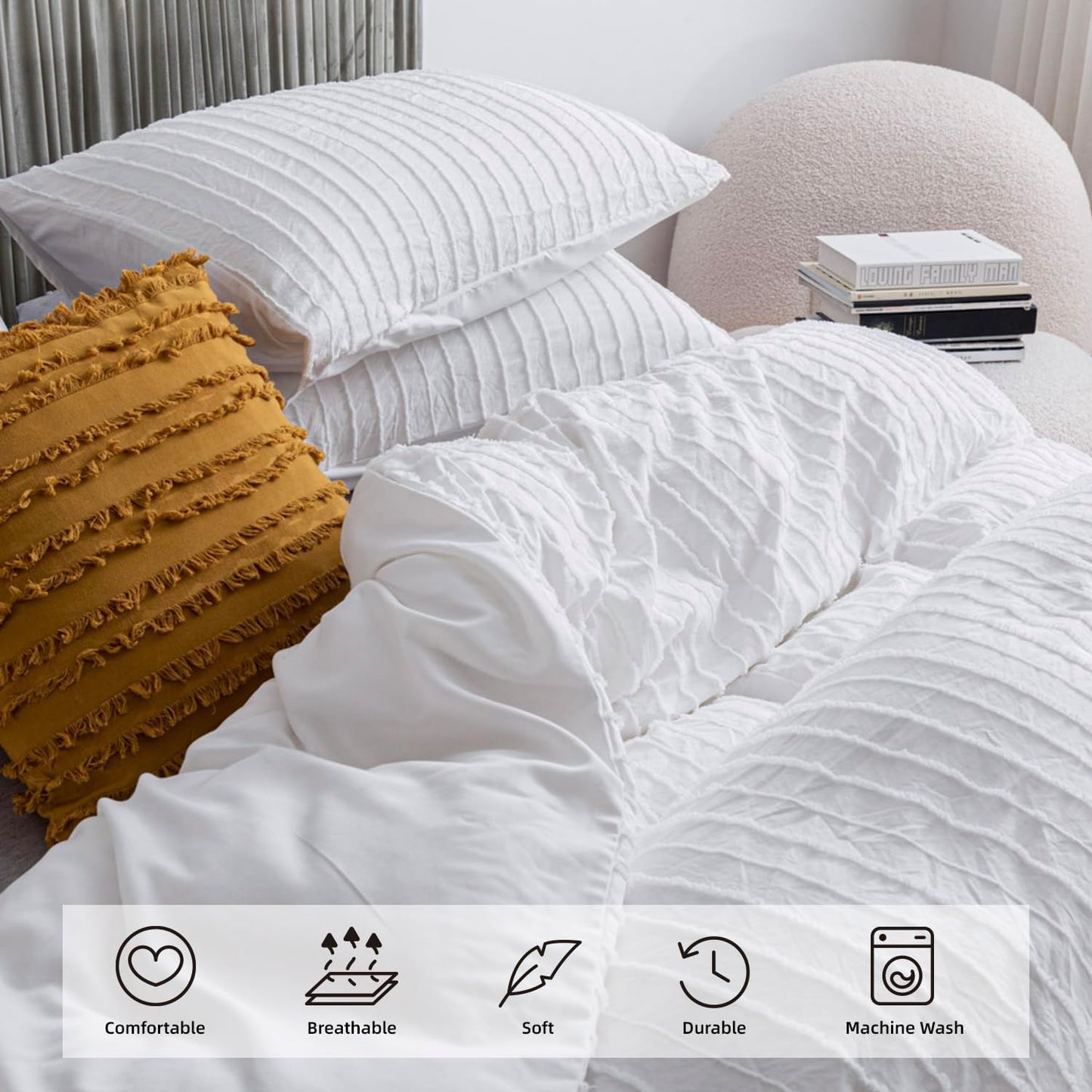 JELLYMONI Duvet Cover King Size Bright White - 3PCS Boho Striped Duvet Cover Set Polyester Tufted Bohemian Textured Comforter Cover 104×90in with Corner Ties & Zipper and 2 Pillowcases