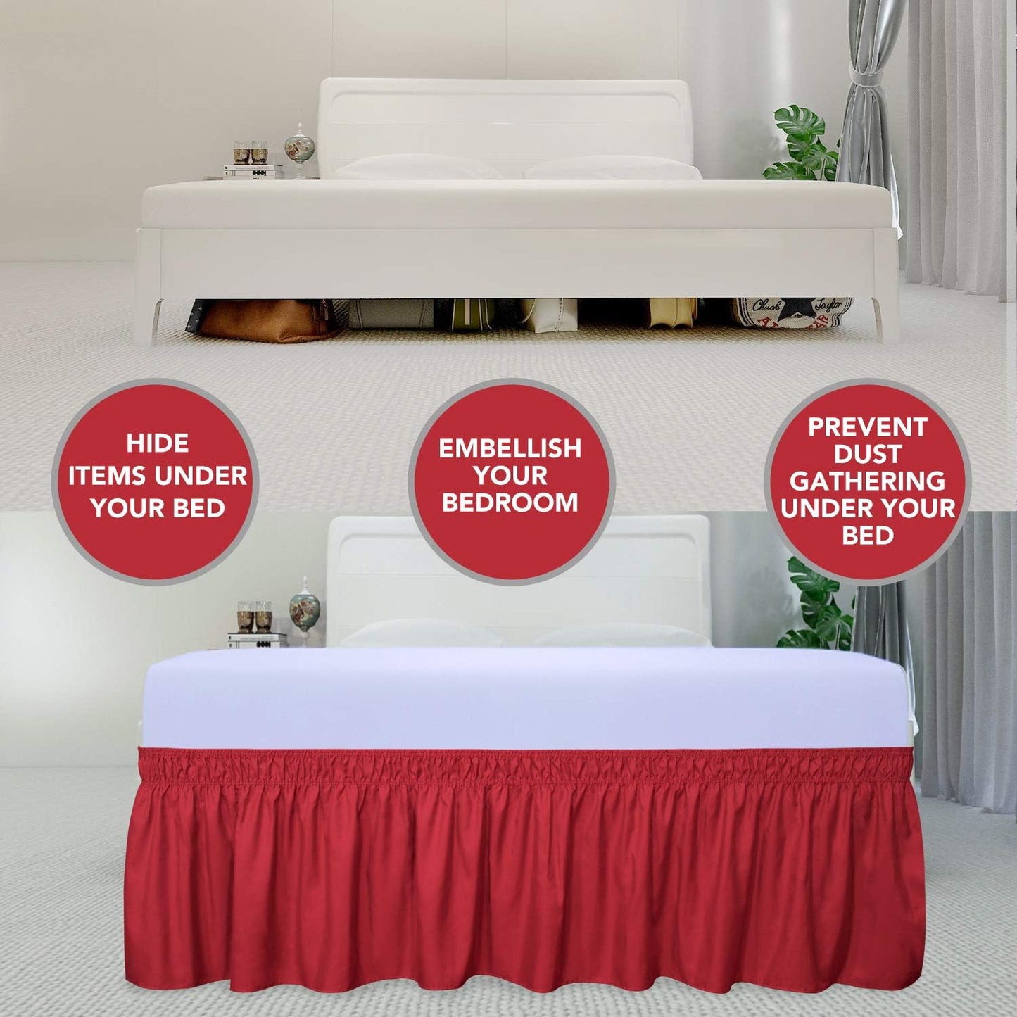 PureFit Wrap Around Ruffled Bed Skirt with Adjustable Elastic Belt - 22 Inch Drop Easy to Put On, Wrinkle Free Bedskirt Dust Ruffles, Bed Frame Cover for Queen, King and C-King Size Beds, Red