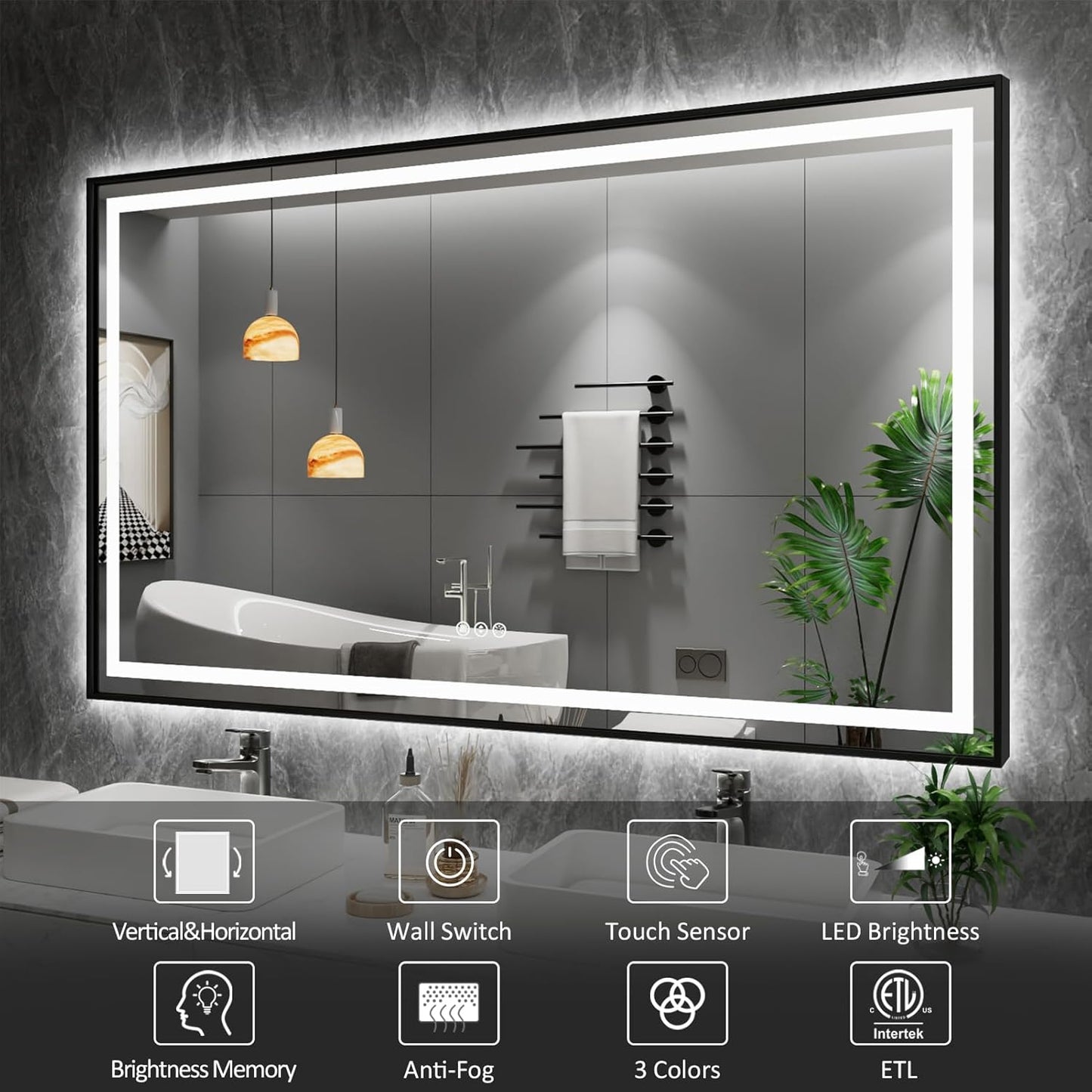 Amorho LED Bathroom Mirror Black Framed 72"X36", Front Light and Backlit, Stepless Dimmable, Anti-Fog, Shatter-Proof, Memory, 3 Colors, Double LED Vanity Mirror